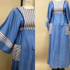 Vintage 1970s Cottage Style Maxi Dress w/ Bell Sleeves, 70s Bell Sleeves, Empire Waist Maxi, Lightweight Cotton, Boho Hippie, Size Medium image 1