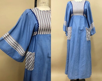 Vintage 1970s Cottage Style Maxi Dress w/ Bell Sleeves, 70s Bell Sleeves, Empire Waist Maxi, Lightweight Cotton, Boho Hippie, Size Medium