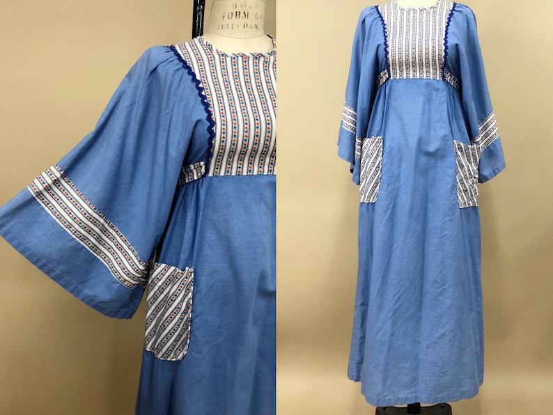Vintage 1970s Cottage Style Maxi Dress w/ Bell Sleeves, 70s Bell Sleeves, Empire Waist Maxi, Lightweight Cotton, Boho Hippie, Size Medium image 1