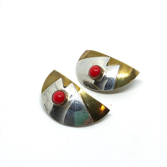 Vintage Brass & Sterling Silver Geometric Earring… - image 1