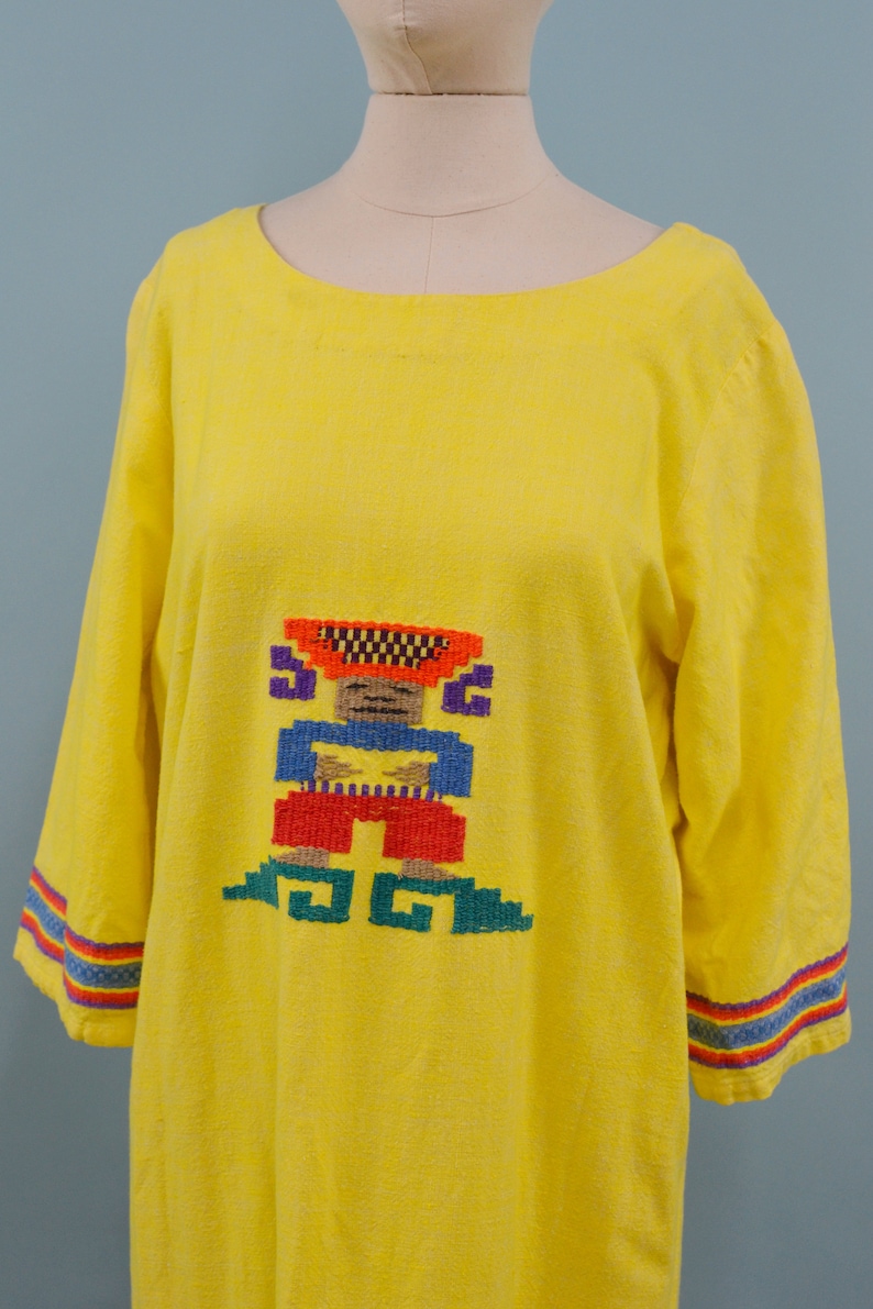 70s/80s Yellow Rainbow Guatemalan Embroidered Dress, Latin Maxi Dress, M/L image 3