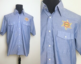 1980s Red Kap Mens Chambray Button Down Shirt | Let's Eat, Bill Johnsons Big Apple | Vintage Mens | Trucker, Moto, Rock | Mens Large