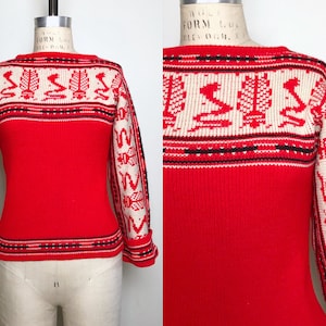 1970s Bright Red Space Dyed Sweater, Southwestern Design, 70s Acrylic Sweater, Size Small