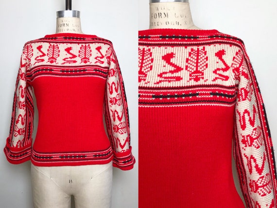 1970s Bright Red Space Dyed Sweater, Southwestern… - image 1