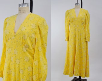 1970s Pale Yellow Floral Prairie Maxi Dress, 70s Prairie Style Dress, Cotton Gauze Dress, 70s does 30s, Bohemian Hippie, Size Large