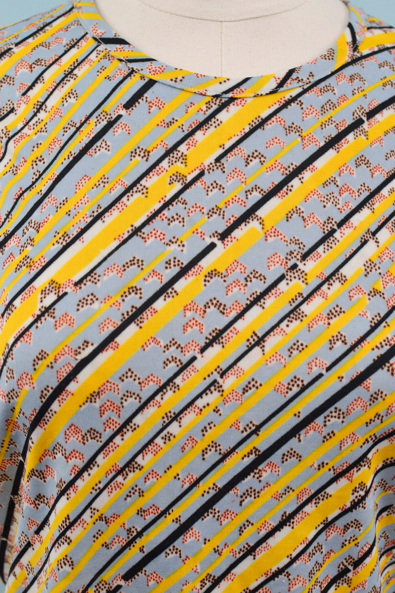 1970s Yellow & Gray Polyester Shirt, Vintage Geometric Design, Bohemian Hippie, Size Sm/Med image 3