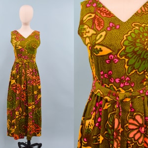1960s Alice Polynesians Psychedelic Print Jumpsuit, Floral & Leaf Print Jumpsuit, Psychedelic Groovy, Size X-Small