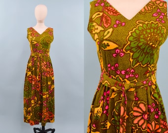 1960s Alice Polynesians Psychedelic Print Jumpsuit, Floral & Leaf Print Jumpsuit, Psychedelic Groovy, Size X-Small