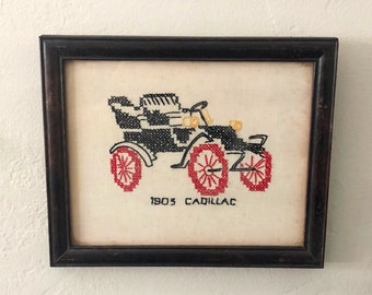 1903 Cadillac Cross Stitch Wall Decor, Vintage Framed Cross Stitch Art, 1903 Cadillac Car Stitched Art, Bohemian Eclectic Art