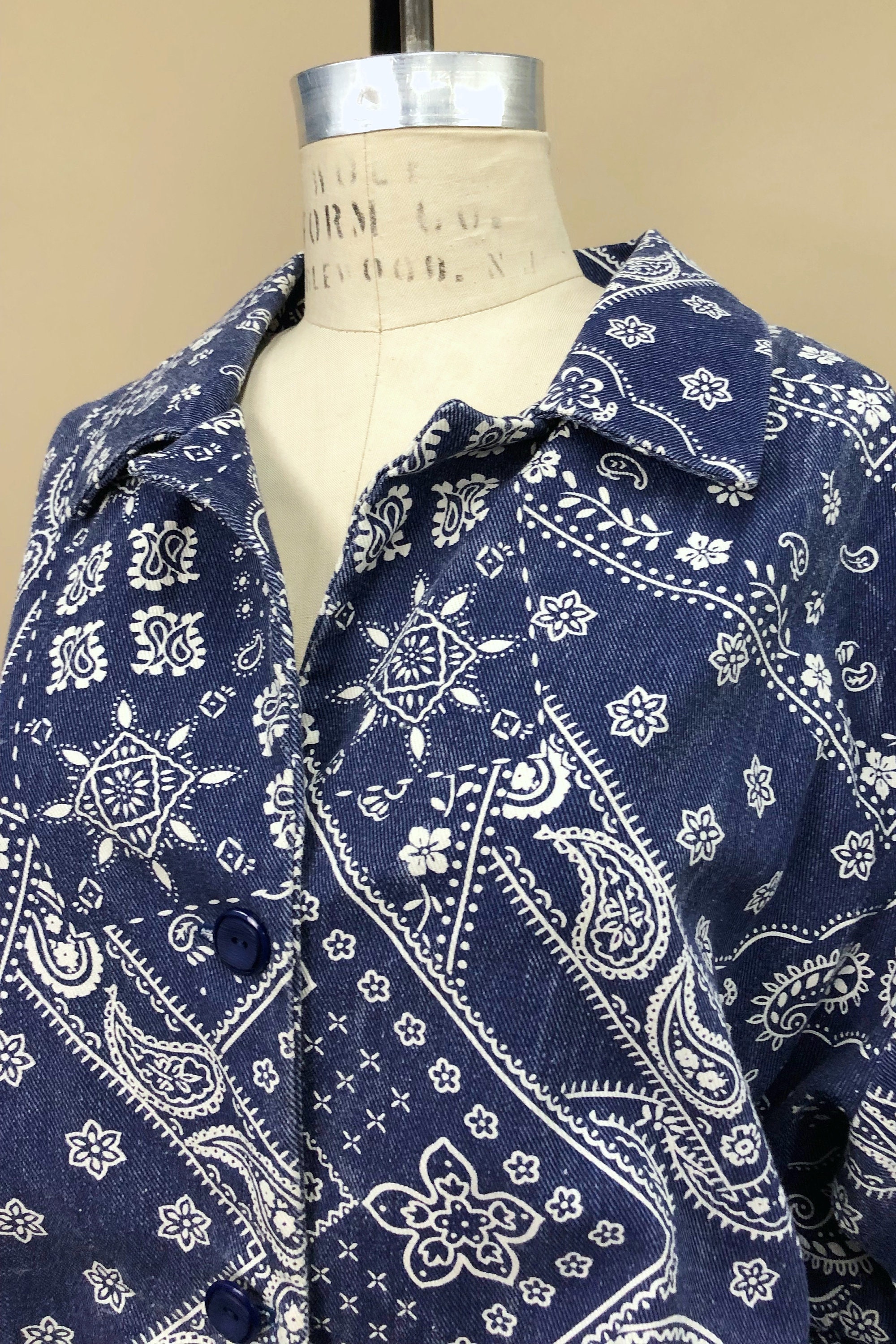 Vintage 1960s Blue Bandana Print Denim Jacket, Vintage Bohemian Hippie, Psychedelic Paisley