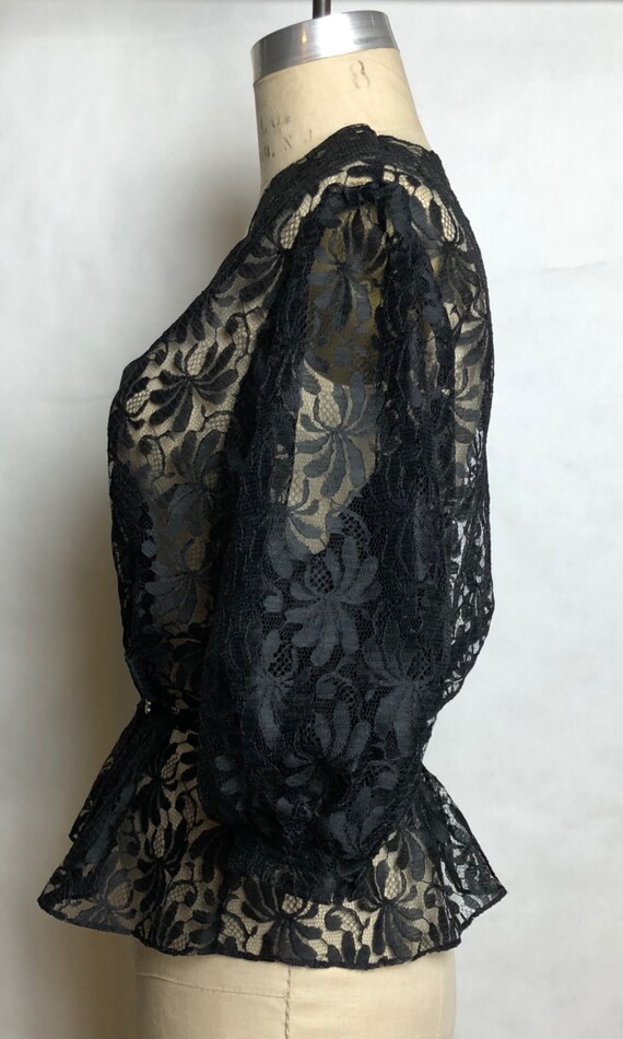 1980s Black Lace Blouse, Vintage Puff Sleeve, Vin… - image 4