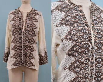 1970s Hand Embroidered Greek Shirt, 70s Brown and Cream Tunic Top, Folk Peasant, Hippie Boho, Size Sm/Med