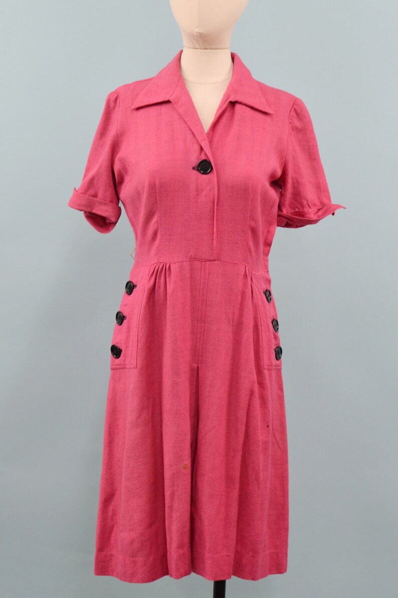 1940s Pink Monty James Wool Dress, WW2 Era Dress, 40s Everyday Dress, Size Medium image 2