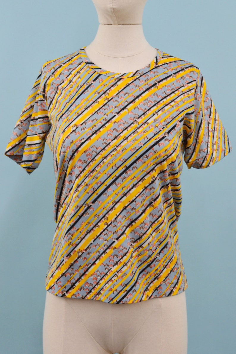 1970s Yellow & Gray Polyester Shirt, Vintage Geometric Design, Bohemian Hippie, Size Sm/Med zdjęcie 2