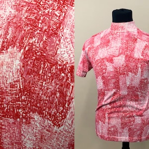 1960s Unisex Red Mod Mock Neck Shirt, 60s Nylon Shirt, Vintage Darlene, Vintage Psychedelic Print, Unisex Vintage, Size Chest 38&quot;