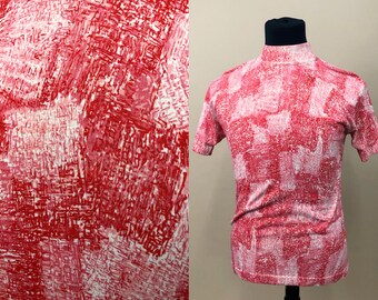 1960s Unisex Red Mod Mock Neck Shirt, 60s Nylon Shirt, Vintage Darlene, Vintage Psychedelic Print, Unisex Vintage, Size Chest 38"