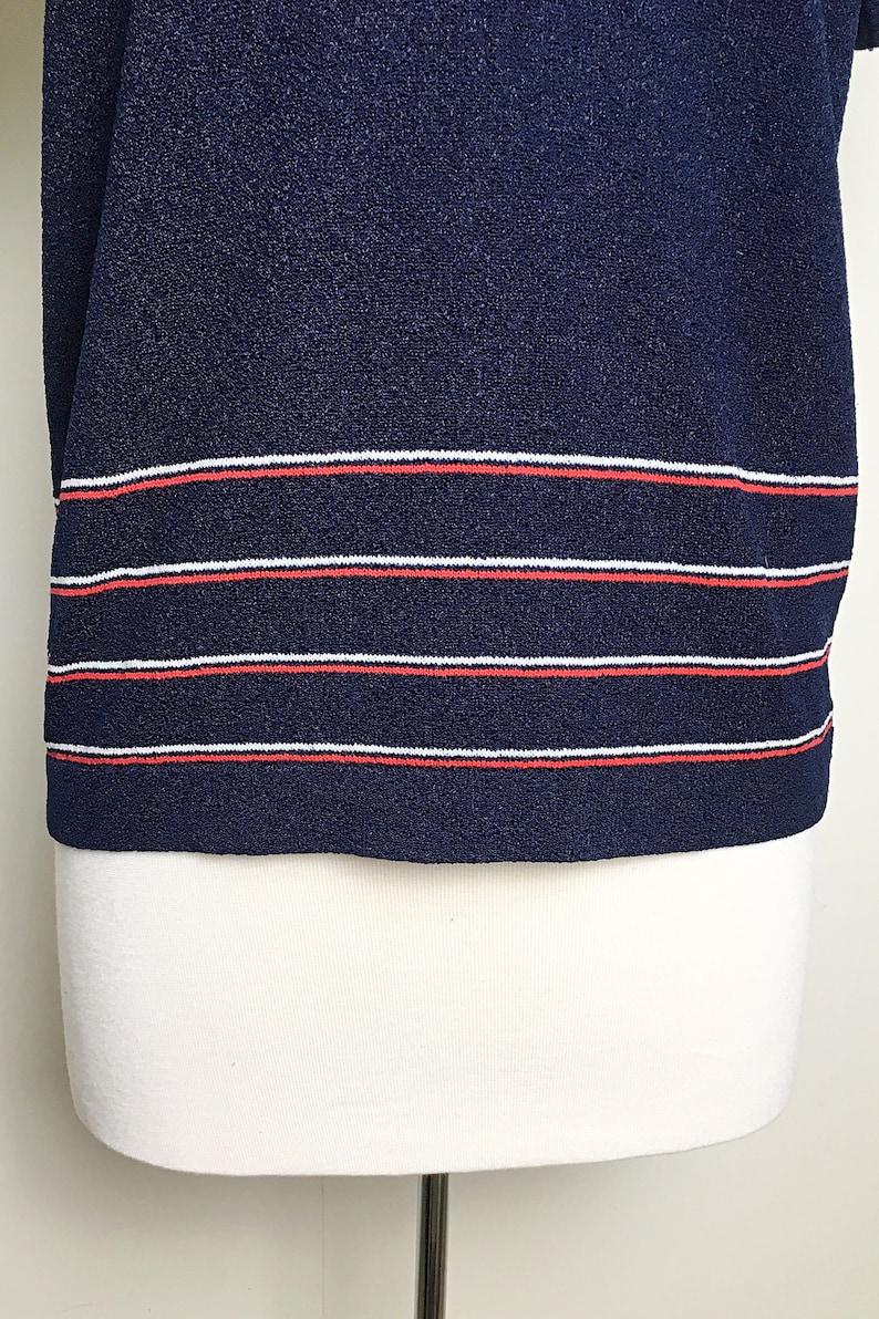 Sz Medium Vintage 1950s Blue V-Neck Blouse with Stripe Designs Mod Rockabilly Minimalist 1950s 50s Secretary