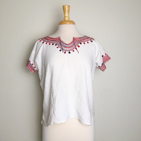 1990s Mexican Hand Embroidered Multi Red Colored Peasant Top, Embroidery Tassel, Folk Bohemian Hippie, Size Medium