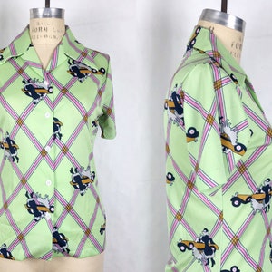 1970s Art Deco Print Polyester Blouse, 70s Button Down, Vintage Psychedelic Novelty Print, Boho Hippie, Size Sm/Medium