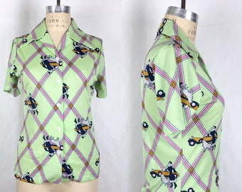 1970s Art Deco Print Polyester Blouse, 70s Button Down, Vintage Psychedelic Novelty Print, Boho Hippie, Size Sm/Medium