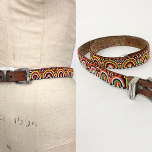 1970s Hand Beaded Leather Belt With Silver Tips, Vintage Beaded Belt, Southwestern Western, Waist Size 27&quot;-30&quot;