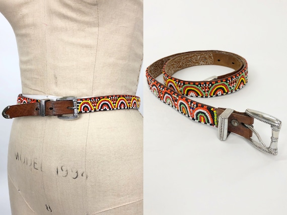 1970s Hand Beaded Leather Belt With Silver Tips, Vintage 