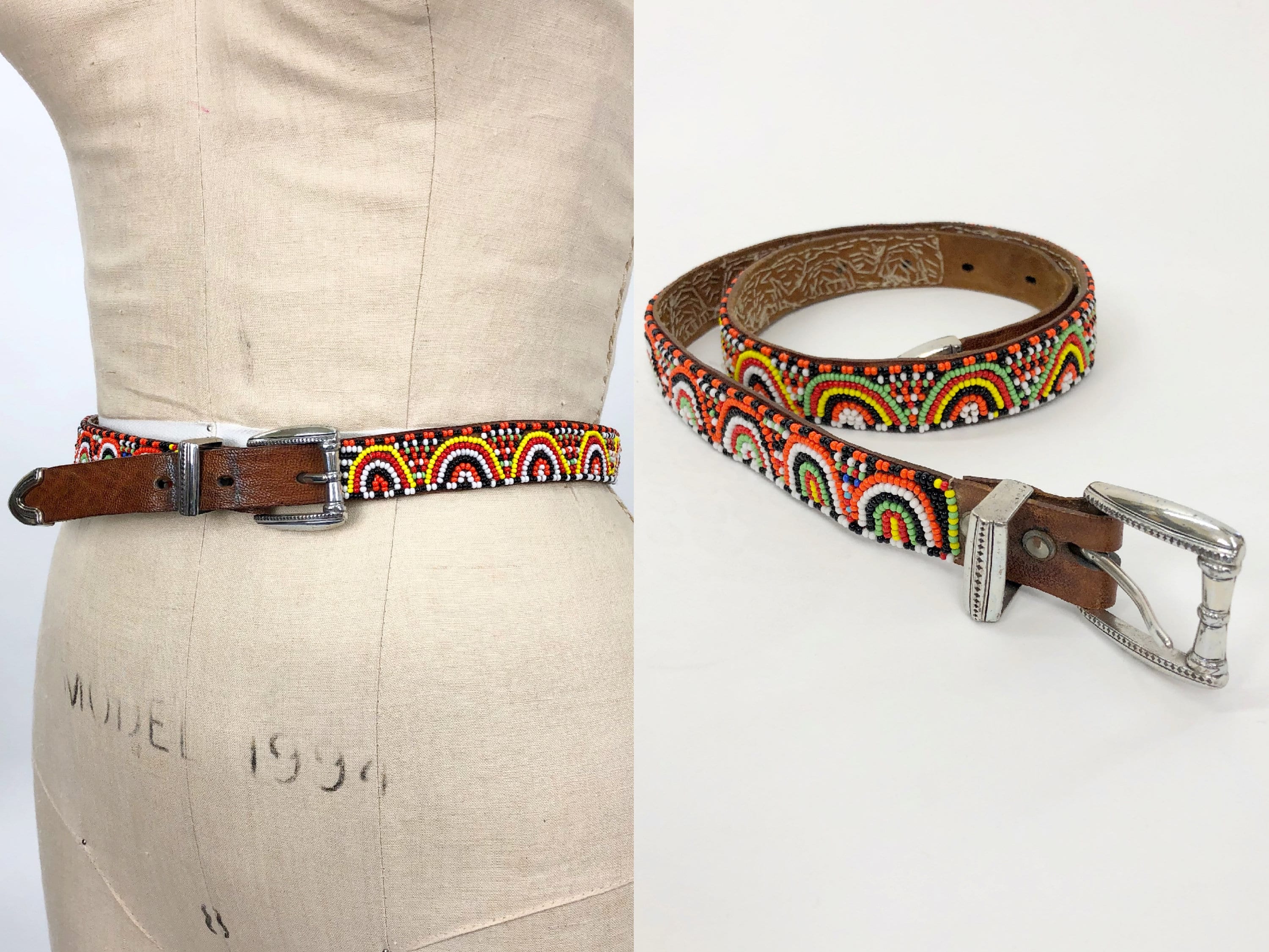 Vintage 70s New Hampshire hand Beaded Western Leather Belt small‎ 1970s Hand Beaded Leather Belt With Silver Tips, Vintage  main image 2