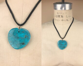 Vintage Heart-Shaped Turquoise Stone Necklace, Bohemian Hippie, Sterling Silver, Deerskin Leather