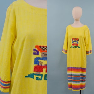 70s/80s Yellow Rainbow Guatemalan Embroidered Dress, Latin Maxi Dress, M/L image 1