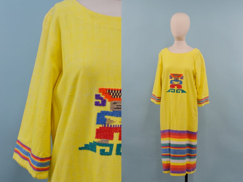 70s/80s Yellow Rainbow Guatemalan Embroidered Dress, Latin Maxi Dress, M/L image 1