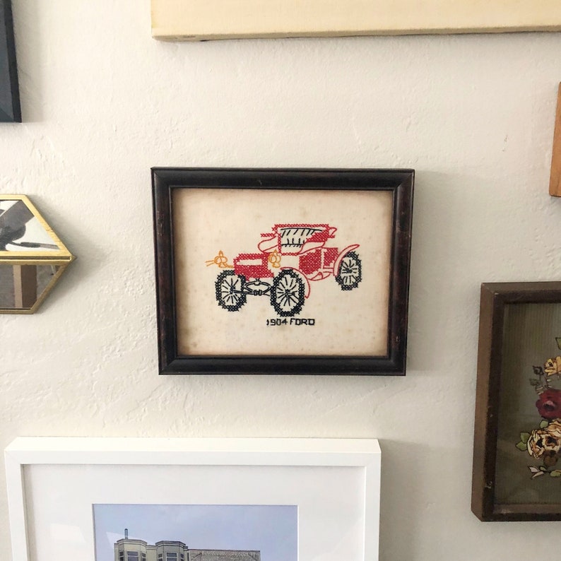 1904 Ford Cross Stitch Wall Decor, Vintage Framed Cross Stitch Art, 1904 Ford Car Stitched Art, Bohemian Eclectic Art image 1