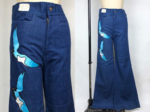 Vintage 1970s Deadstock Denim Bell Bottoms w/ Bird