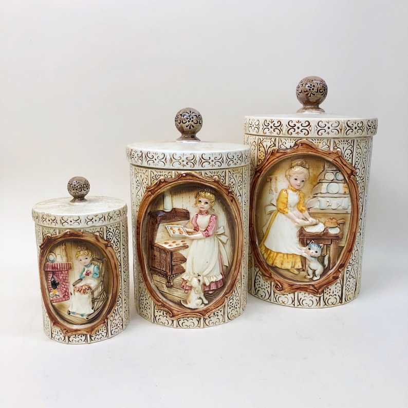 Vintage 1978 Sears & Roebuck Co Pioneer Women Ceramic Jars, Vintage 3 Piece Set, 70s Kitchen Decor, Vintage Home Decor, Made In Japan image 1