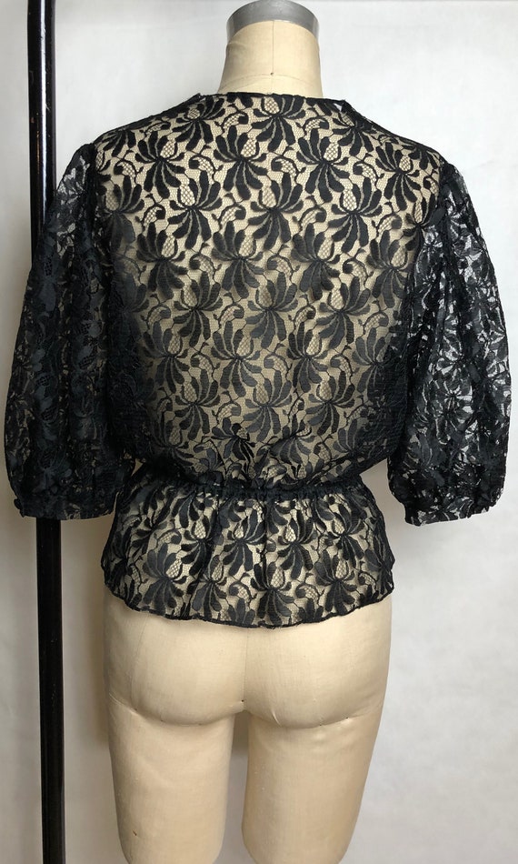 1980s Black Lace Blouse, Vintage Puff Sleeve, Vin… - image 5