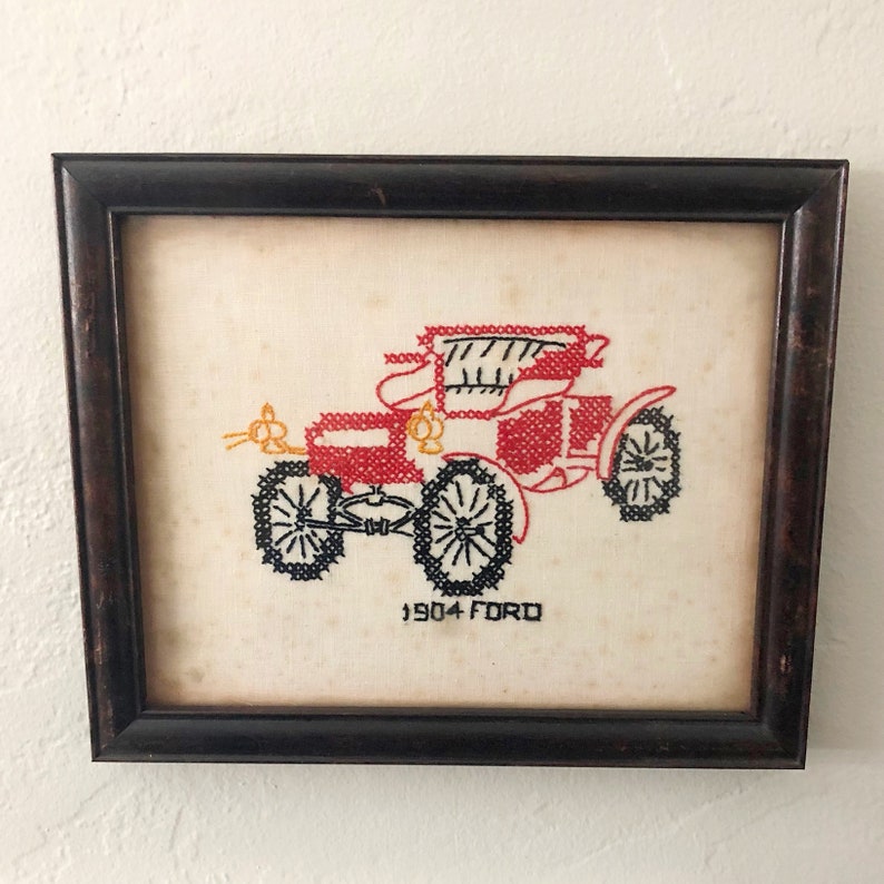 1904 Ford Cross Stitch Wall Decor, Vintage Framed Cross Stitch Art, 1904 Ford Car Stitched Art, Bohemian Eclectic Art image 2