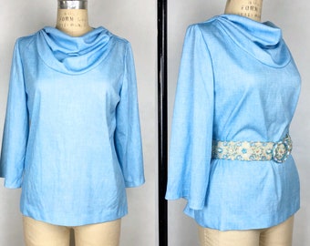 Vintage 1980s Bright Blue Cowl Neck Blouse w/ Slight Bell Sleeves, Late 70s Everyday Wear, Vibrant Blue Polyester Top, Boho Hippie, Size M/L
