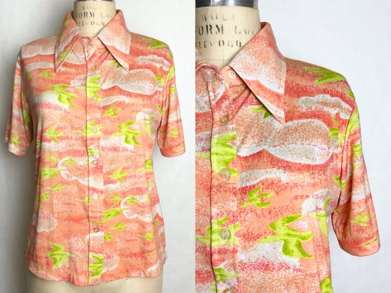 Vintage 1970s Dagger Collar Novelty Bird Print Blo