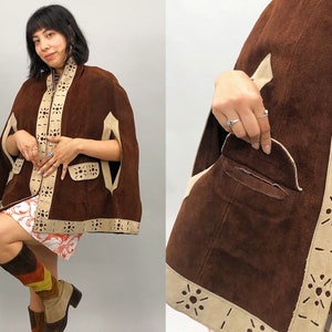1960s Tan & Brown Suede Zip Up Poncho, 60s 70s Suede Two Tone Cape, Festival, Hippie, Boho, Psychedelic, One Size