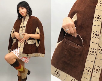 1960s Tan & Brown Suede Zip Up Poncho, 60s 70s Suede Two Tone Cape, Festival, Hippie, Boho, Psychedelic, One Size