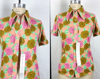 1970s Deadstock Roses Novelty Print Polyester Blouse, Vintage 70s Button Down, Vintage Psychedelic Print, Boho Hippie, Size Sm/Med