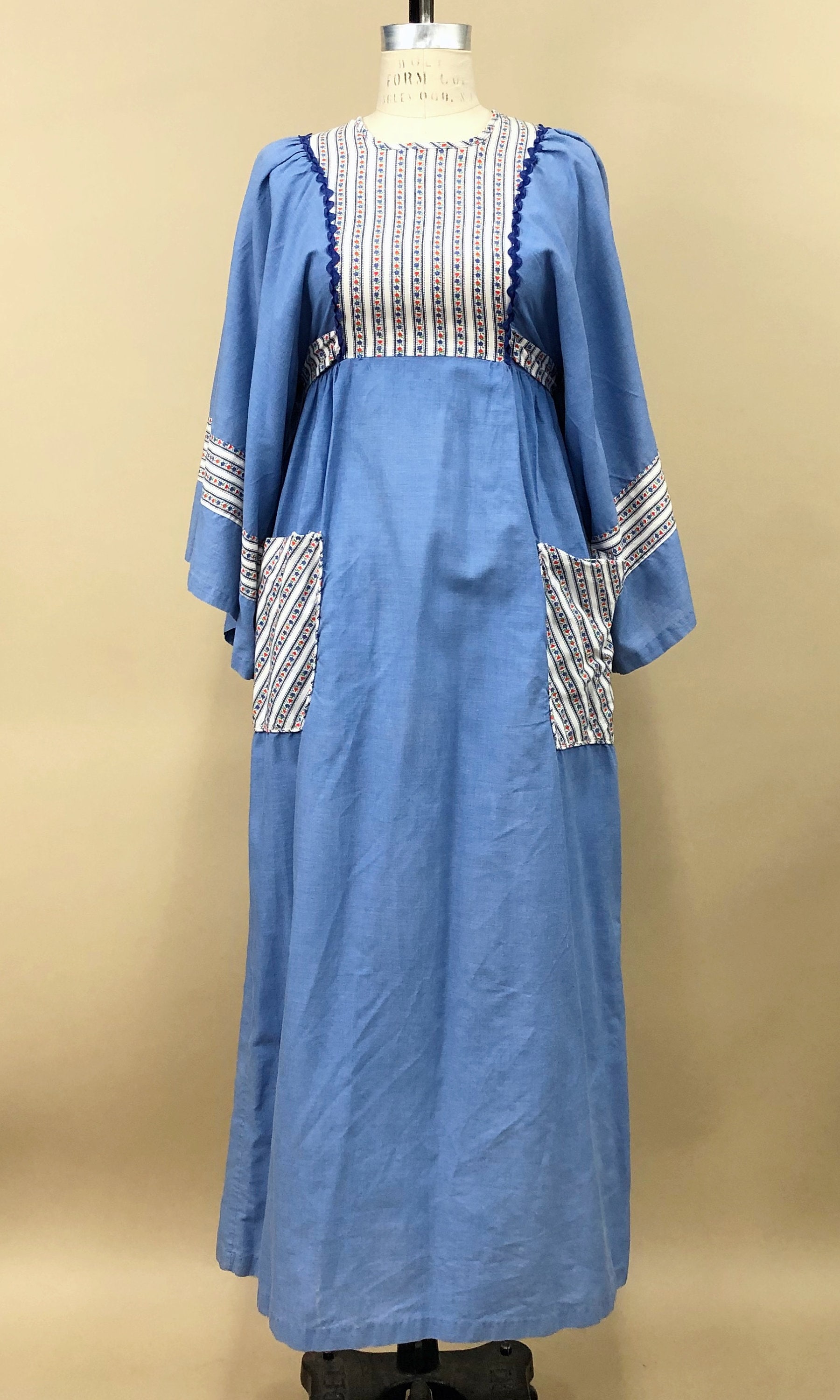 bell sleeve dress 70s style maxi Vintage 1970s Cottage Style Maxi Dress W/ Bell Sleeves, 70s Bell Sleeves,  Empire Waist Maxi, Lightweight Cotton, Boho Hippie, Size Medium