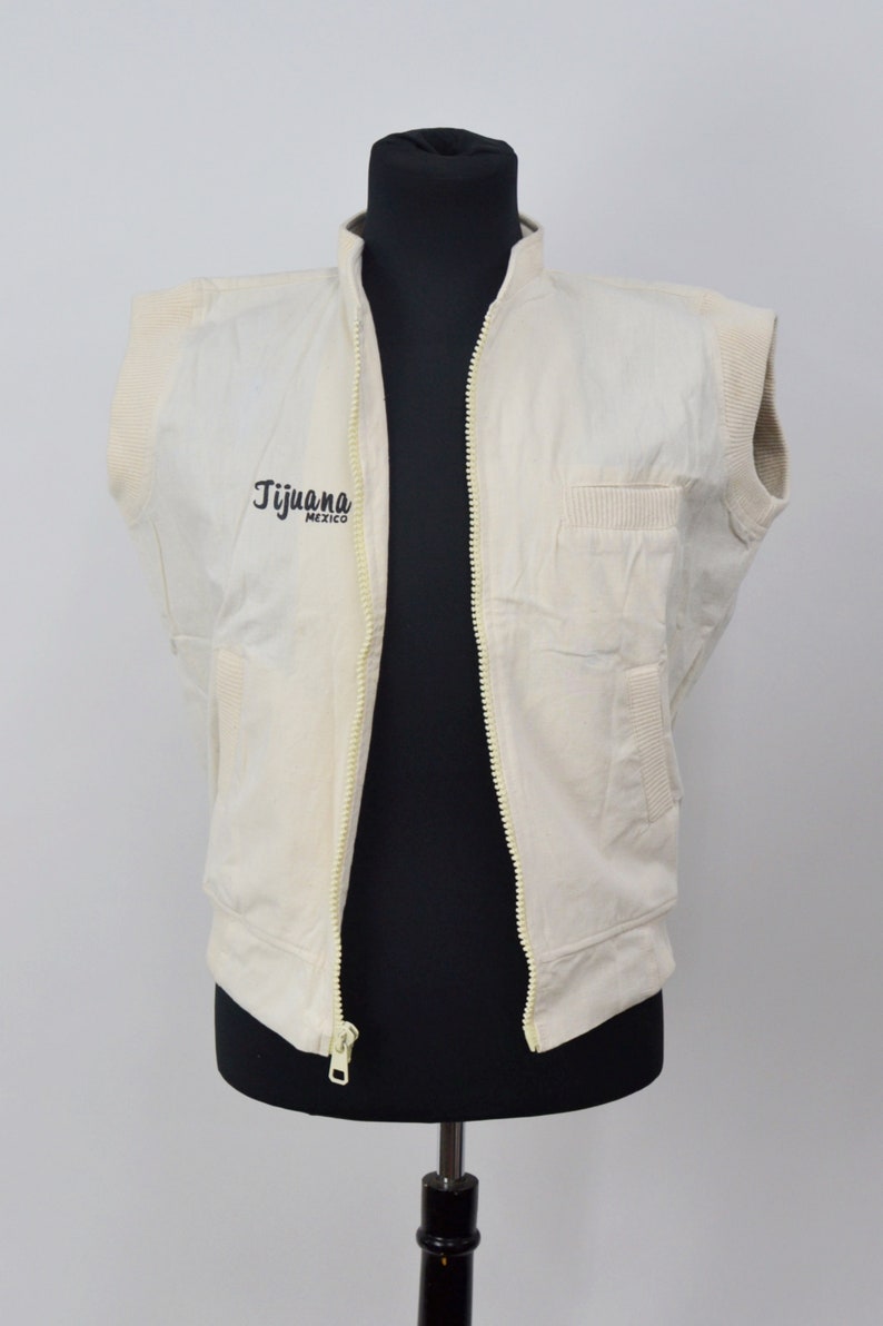 60s/70s Tijuana Mezcal Gusano Rojo Cotton Vest Jacket, 60s Feed Sack Material, Vintage Ideal Nylon Zipper, Mens Medium image 3