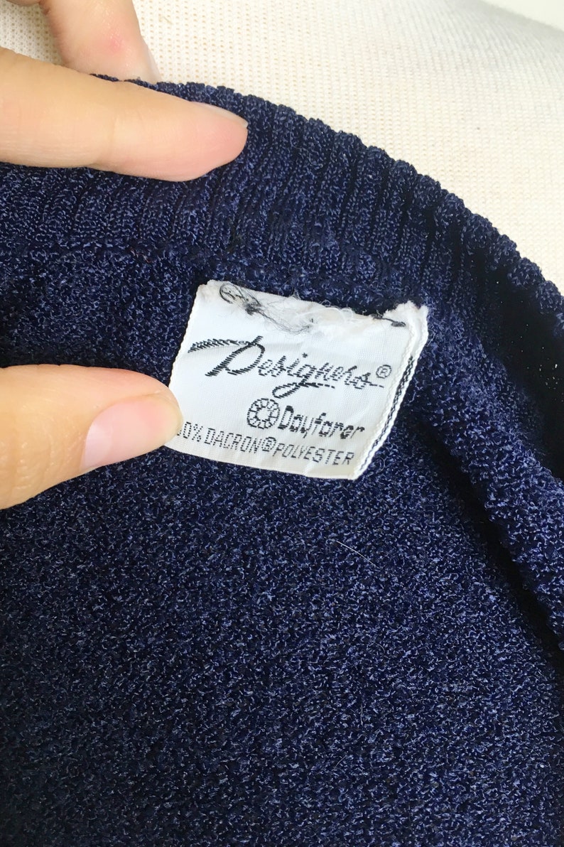 Sz Medium Vintage 1950s Blue V-Neck Blouse with Stripe Designs Mod Rockabilly Minimalist 1950s 50s Secretary