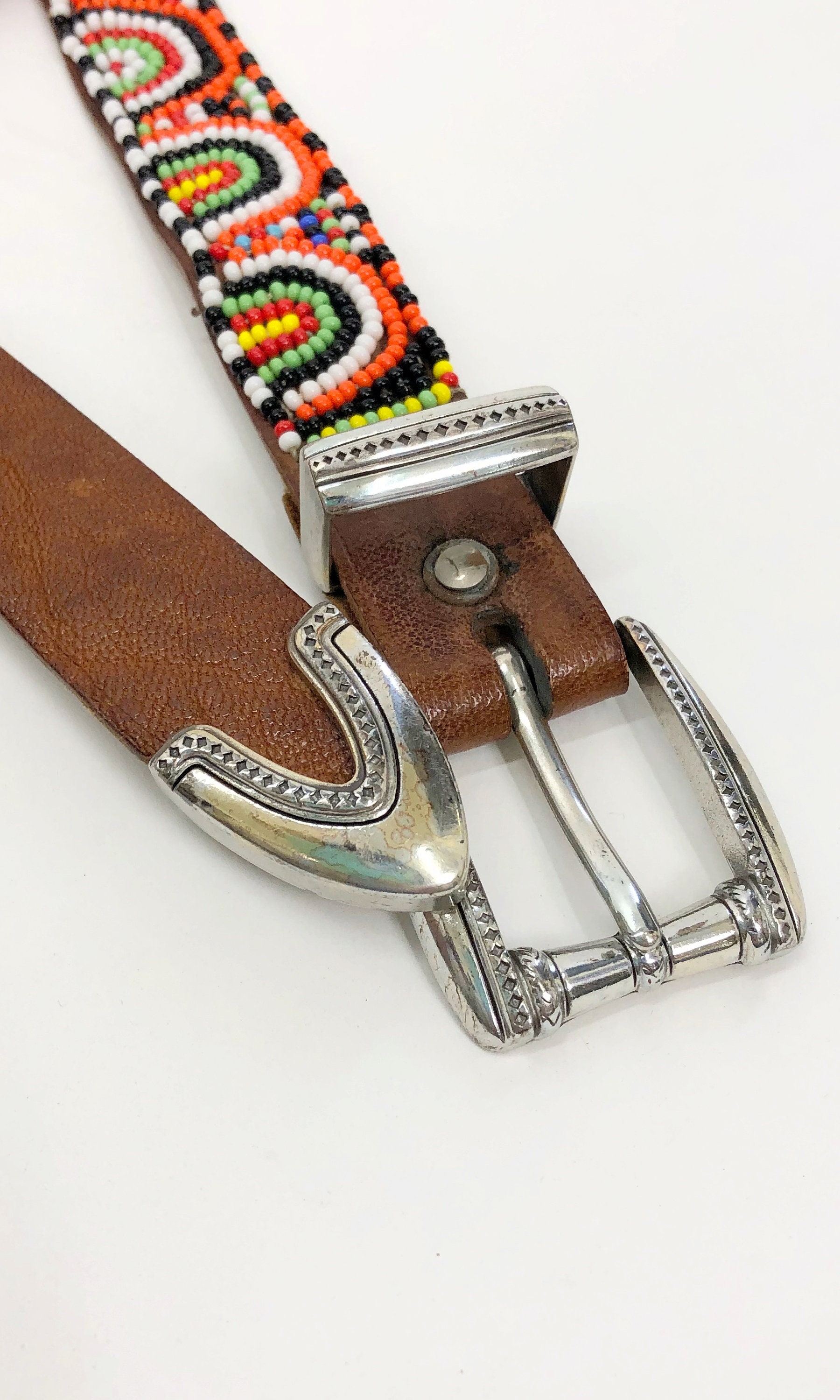 1970s Hand Beaded Leather Belt With Silver Tips, Vintage 