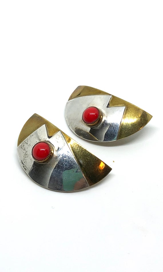 Vintage Brass & Sterling Silver Geometric Earring… - image 2