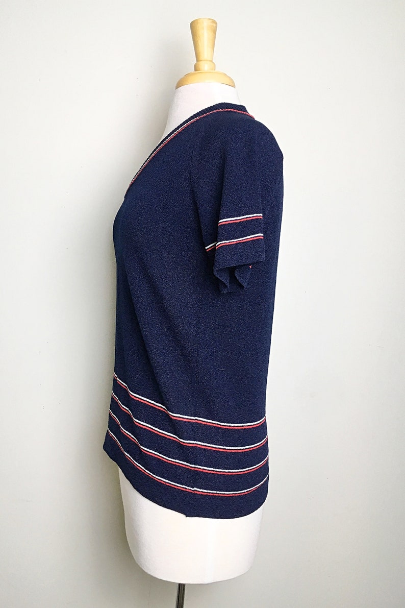 Sz Medium Vintage 1950s Blue V-Neck Blouse with Stripe Designs Mod Rockabilly Minimalist 1950s 50s Secretary