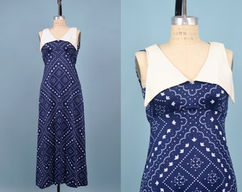 Vintage 1970s Blue Bandana Print Maxi Dress, 70s Printed Dress, Vintage Collared Maxi, 70s Empire Waist, Boho Hippie, Size X-Small