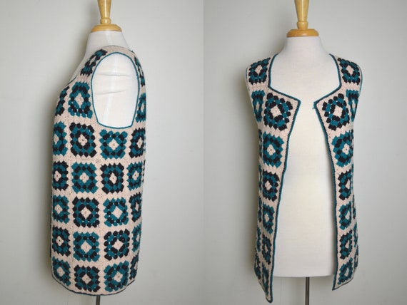 Vintage 1970s Granny Square Crochet Vest, 70s Boho
