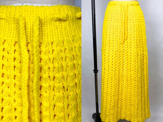 Vintage 1970s Hand Crocheted Yellow Maxi Skirt, Bo