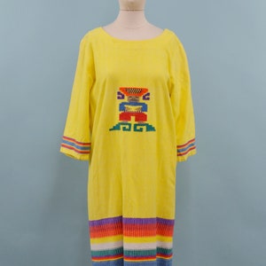 70s/80s Yellow Rainbow Guatemalan Embroidered Dress, Latin Maxi Dress, M/L image 2